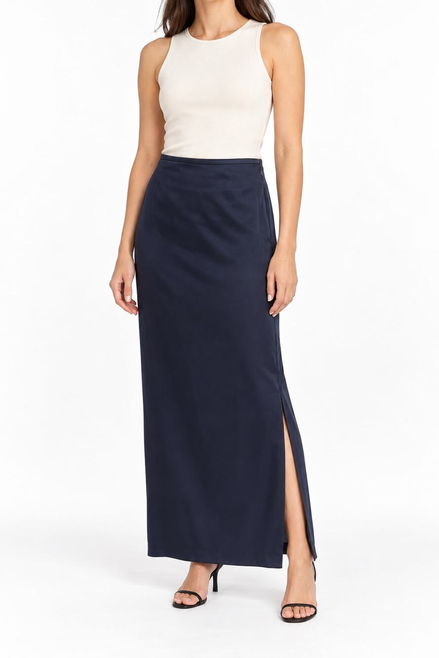 St. John Women's Navy Blue Satin Side Slit & Zip Maxi Skirt Size 2 Minimalist